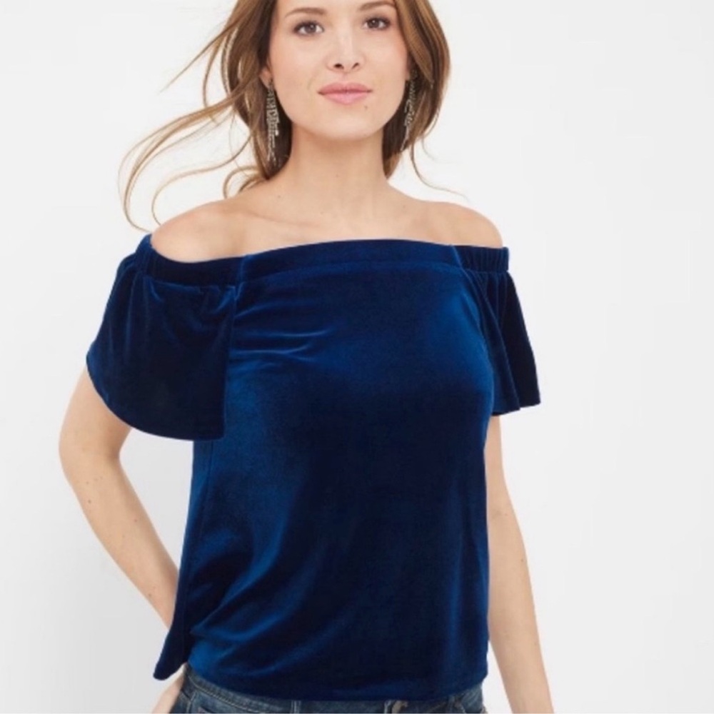 WHBM Velvet off-the-shoulder top in Navy / Cobalt Medium